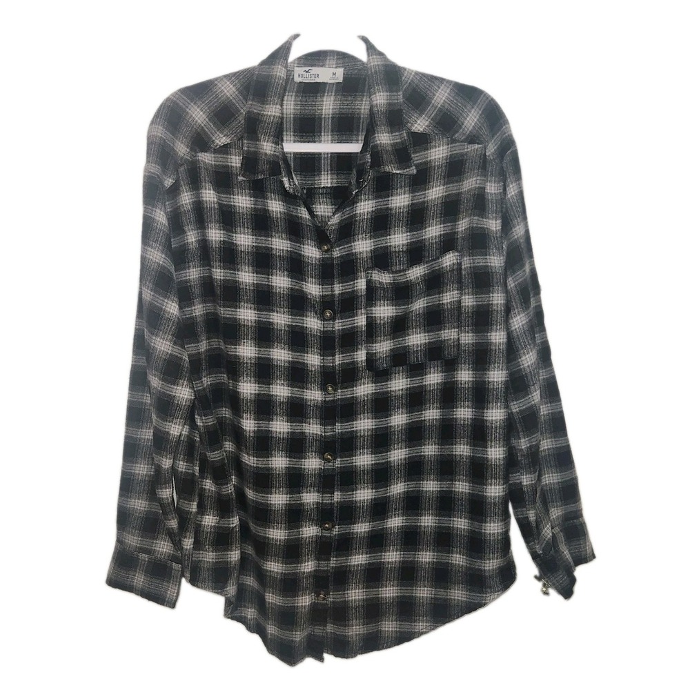 Men's Hollister Flannel Button Shirt Large Black And White Plaid Button-Up LARGE